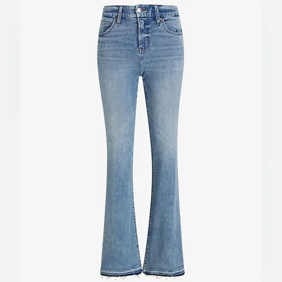 EXPRESS: Mid Rise Light Wash Drop Hem FlexX 70s Flare Jeans - Picture 6 of 9